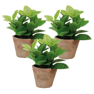 Esschert Design Kunstplant/kruiden munt - 3x stuks - in oude terracotta pot - 16 cm