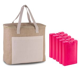 Grote koeltas jute/canvas 20 liter en 38 x 32 x 16 cm met 5x stuks koelelementen roze