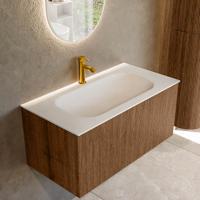 Badmeubel Mondiaz Kurve | 90 cm | Meubelkleur Walnut | Wastafelkleur Talc | Midden spoelbak | 1 kraangat
