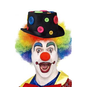 Clown verkleed set gekleurde pruik met hoed zwart met knopen