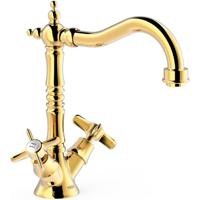 Wastafelkraan Tres Clasic | Opbouw | Draaibare uitloop | Mengkraan | Standaard model | 2-knops | Vintage | 24k Goud glans