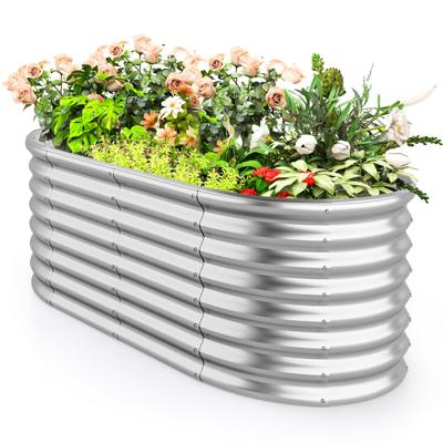 Metalen Ovaal Verhoogd Bed met Open Bodem Plantenbak Koud Frame Metalen Bloembed van Golfplaat Zilver