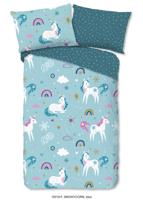 Good Morning Kinderdekbedovertrek "eenhoorns en regenbogen" - Blauw - (140x200 cm) - Katoen Flanel