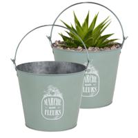 Plantenpot/bloempot emmer voor buiten - 2x - zink - jadegroen - D24 x H19 cm