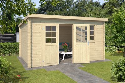 Outdoor Life Amira Blokhut 400x250 cm 28 mm vuren blank- Lessenaarsdak- Onbehandeld vurenhout- Outdoor Life