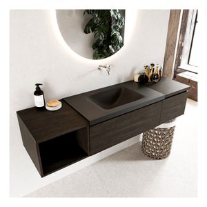 Mondiaz Bukla 160cm badmeubel met open module 40 links dark brown 2 lades met wastafel midden zonder kraangat kleur urban
