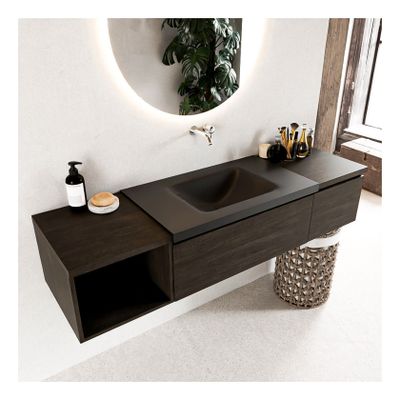 Mondiaz Bukla 160cm badmeubel met open module 40 links dark brown 2 lades met wastafel midden zonder kraangat kleur urban