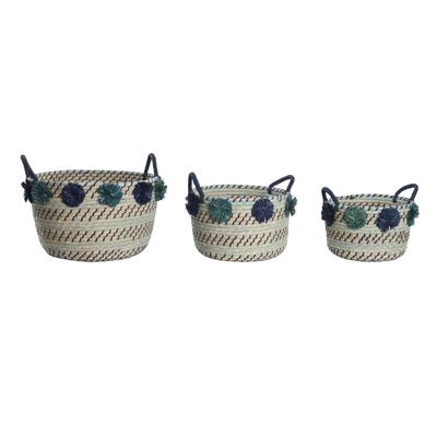 Mandenset DKD Home Decor 46 x 44 x 34 cm Pompons Polypropyleen Zeegras