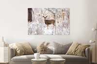 Karo-art Schilderij -  Hert in de winter, 120x80cm, 3 luik, premium print - thumbnail