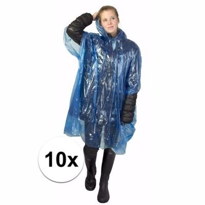 Wegwerp regenponcho - 10x - blauw - voor volwassenen - met capuchon - budget line