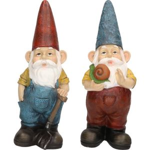 2x Tuinkabouter beelden Harold met hark en Simon met slak 29 cm   -