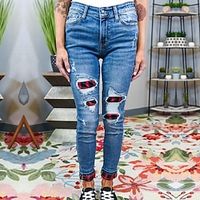 Dames Jeans Verontruste spijkerbroek Denim blauw Modieus Kerstmis Gescheurde Afdrukken Kerstmis Straat Casual Volledige lengte Micro-elastisch Ruitjes Comfort