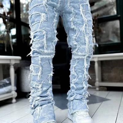 Men's Blue Frayed Denim Jeans - Slim Fit Straight Leg Streetwear Blue-2 / 30