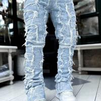 Men's Blue Frayed Denim Jeans - Slim Fit Straight Leg Streetwear Blue-2 / 30