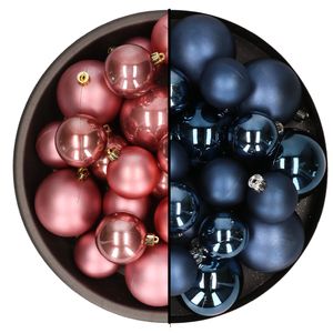 Kerstversiering kunststof kerstballen mix donkerblauw/oud roze 6-8-10 cm pakket van 44x stuks