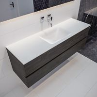 Mondiaz Vica Cloud badmeubel eiken donker bruin 150 cm 2 lades solid surface enkele spoelbak midden zonder kraangat Mondiaz Vica Cloud badmeubel eiken donker bruin 150 cm 2 lades solid surface enkele spoelbak midden zonder kraangat