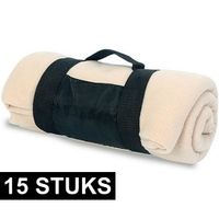 15x Fleece dekens/plaids beige afneembaar handvat 160 x 130 cm - thumbnail