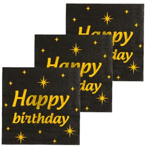 Verjaardag feest servetten - Happy Birthday - 48x stuks - zwart/goud - 17 x 19 cm