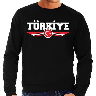 Turkije land thema sweater - met vlag kleuren - zwart - heren - Supporters trui - lange mouwen