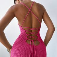 Bon&Bon Backless Knit Midi Dress - Sexy Side Slit Bodycon in Khaki Hot Pink / M