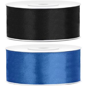 Bellatio decorations 2x rollen satijn sierlint 2.5 cm x 25 meter blauw en zwart