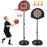2-In-1 Basketbalring Verstelbare Hoogte 130-180 cm met Dartbord Dubbelzijdig Backboard 6 Darts Binnen/Buiten voor Kinderen