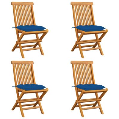 VidaXL Klapstoelen met blauwe kussens, 4 stuks, massief teakhout