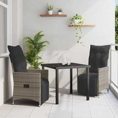 3-delige Tuin Eettafel Set met Kussens - Grijs Poly Rattan