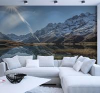 Fotobehang berg Meer en berg mistig wallmural