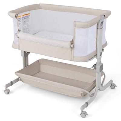 3-In-1 Bijzetbed Reisbed Baby met Matras Babybed 6 Vakken in Hoogte Verstelbaar met Opbergmand en Draagtas Beige
