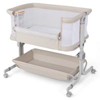 3-In-1 Bijzetbed Reisbed Baby met Matras Babybed 6 Vakken in Hoogte Verstelbaar met Opbergmand en Draagtas Beige