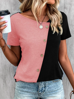 Casual V Neck Two Tone Button Front Color Block T-Shirt - thumbnail