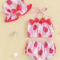 Toddler Baby Girls Swimsuit Bikini Set Strawberry/Mermaid Print Bikini 3 Pieces Bathing Suit Summer Beach Swimwear Pink / 0-3M
