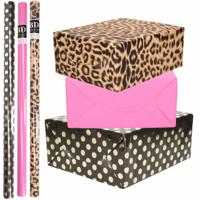 Kraft inpakpapier rollen - 6x stuks - panter - knalroze - zwart - 200 x 70 cm Kraft inpakpapier rollen - 6x stuks - panter - knalroze - zwart - 200 x 70 cm
