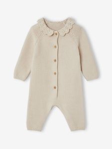 Gebreide baby jumpsuit met gehaakte kraag ecru