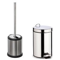 Toiletborstel houder rvs zilver 39 cm en pedaalemmer 5 liter combi - Badkameraccessoireset - thumbnail