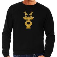 Rendier hoofd Kerst sweater / trui zwart voor heren met gouden glitter bedrukking - thumbnail