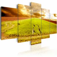 Schilderij - Wielsporen op een Veld, 5luik , groen ,  wanddecoratie , premium print op canvas