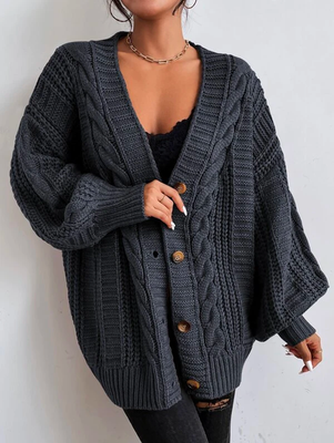Geometric Cross Neck Yarn/Wool Yarn Casual Solid Button Front Cable Knit Cardigan Geometric Cross Neck Yarn/Wool Yarn Casual Solid Button Front Cable Knit Cardigan