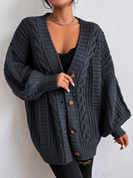 Geometric Cross Neck Yarn/Wool Yarn Casual Solid Button Front Cable Knit Cardigan - thumbnail