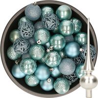 37x stuks kunststof kerstballen 6 cm ijsblauw incl. glazen piek mat zilver - thumbnail