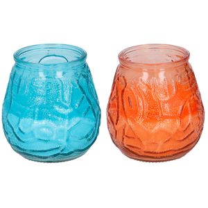 Arti Casa 4x stuks citronella Lowboy tafelkaarsen - 10 cm - oranje en blauw glas