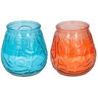 Arti Casa 4x stuks citronella Lowboy tafelkaarsen - 10 cm - oranje en blauw glas