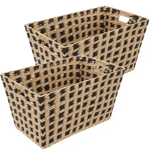 Rieten opbergmand - 4x - gevlochten rechthoek - beige/zwart - 55 x 35 x 30 cm