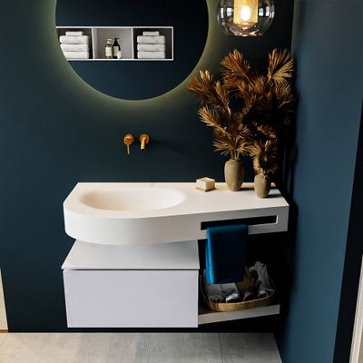 MONDIAZ RIVA 100cm badmeubel onderkast / planchet kleur Cale met 1 lade. Wastafel DULCET links 0 kraangaten kleur Talc.