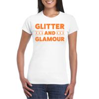 Verkleed T-shirt voor dames - glitter and glamour - wit - oranje glitter - carnaval/themafeest - thumbnail