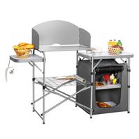 Buitenkampeertafel met Opbergruimte Opvouwbare Keukentafel met Windscherm Lichtgewicht en Draagbare Grilltafel voor BBQ-Feest Kamperen