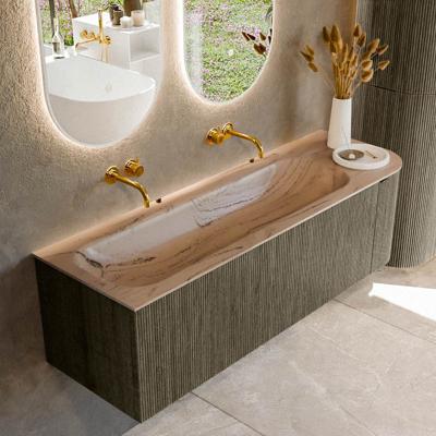 Badmeubel Mondiaz Kurve-Dlux | 145 cm | Meubelkleur Shadow | Wastafelkleur Arena | Solid surface | Wasbak linker zijde spoelbak | Zonder kraangat(en)