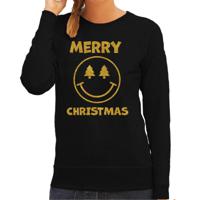 Foute kersttrui/sweater voor dames - Merry Christmas - zwart - glitter goud - Smiley - thumbnail