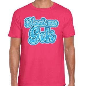 Verkleed T-shirt heren - maak me gek - roze - blauw panter look letters - fout/goud/stout